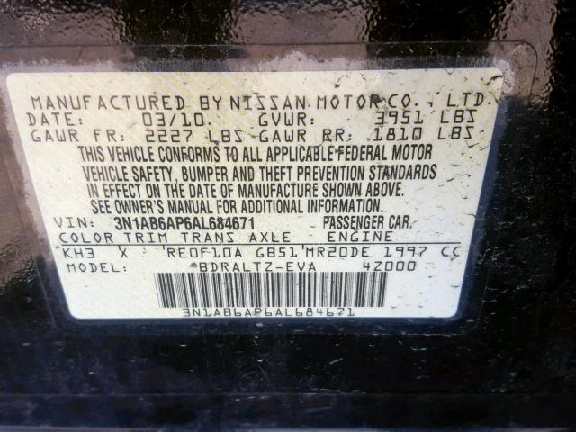 3N1AB6AP6AL684671 - 2010 NISSAN SENTRA 2.0 BLACK photo 10