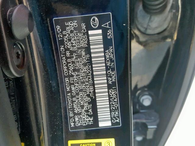 JTHBB1BA4A2021176 - 2010 LEXUS HS 250H BLACK photo 10