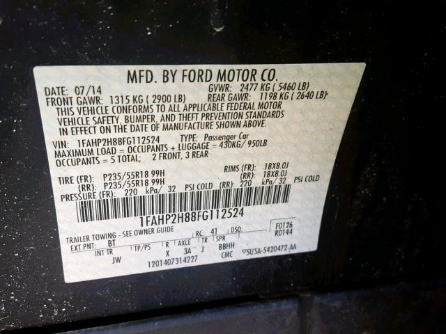 1FAHP2H88FG112524 - 2015 FORD TAURUS SEL SILVER photo 10