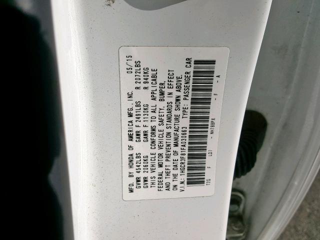 1HGCR3F81FA030663 - 2015 HONDA ACCORD EXL WHITE photo 10