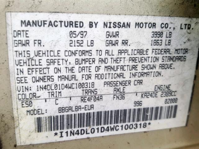 1N4DL01D4WC100318 - 1998 NISSAN ALTIMA XE BEIGE photo 10