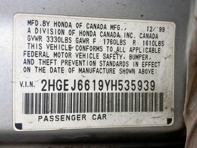 2HGEJ6619YH535939 - 2000 HONDA CIVIC BASE SILVER photo 10