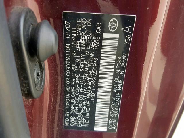 JTKDE177970205993 - 2007 TOYOTA SCION TC ბურგუნდია ფოტო 10