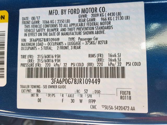 3FA6P0G78JR109449 - 2018 FORD FUSION S BROWN photo 10