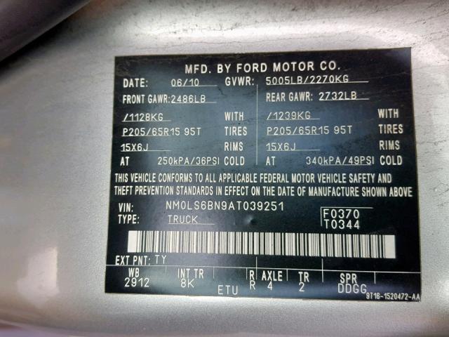 NM0LS6BN9AT039251 - 2010 FORD TRANSIT CO SILVER photo 10