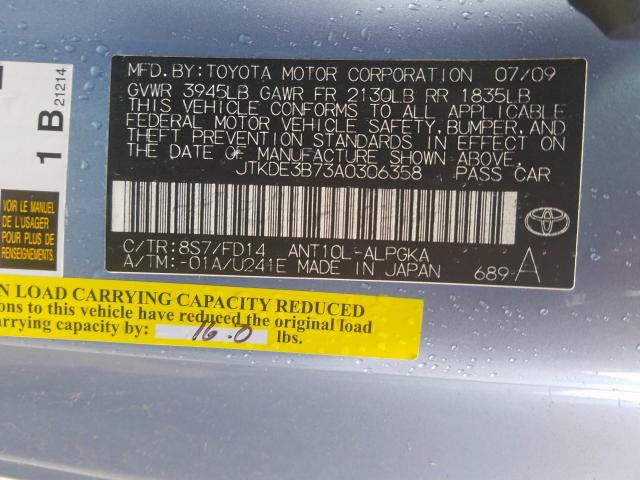 JTKDE3B73A0306358 - 2010 TOYOTA SCION TC  ფოტო 10