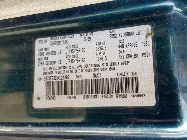 3B7KF2365XG214801 - 1999 DODGE RAM 2500 GREEN photo 10