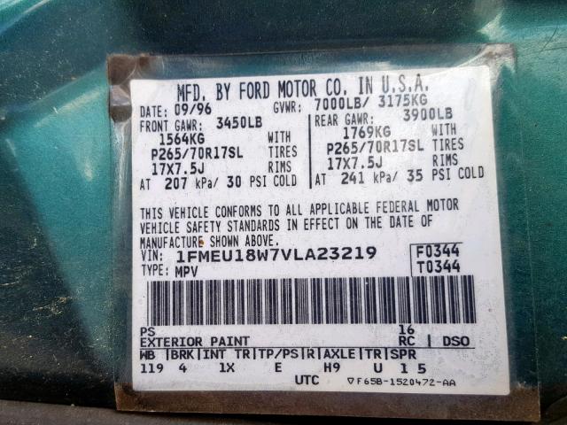 1FMEU18W7VLA23219 - 1997 FORD EXPEDITION GREEN photo 10