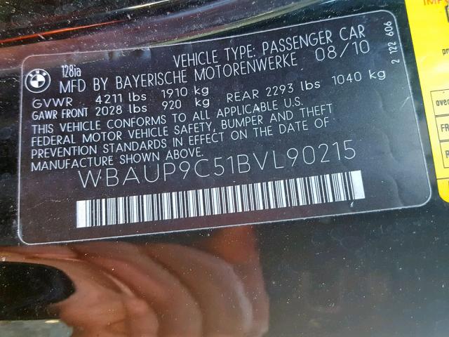 WBAUP9C51BVL90215 - 2011 BMW 128 I BLACK photo 10