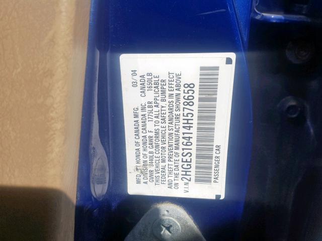 2HGES16414H578658 - 2004 HONDA CIVIC DX BLUE photo 10