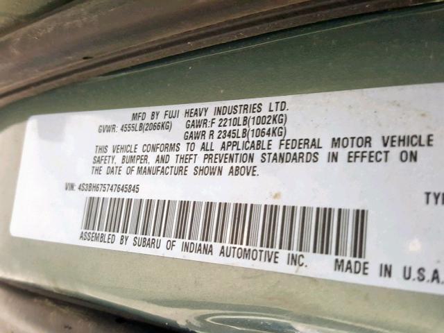 4S3BH675747645845 - 2004 SUBARU LEGACY OUT GREEN photo 10