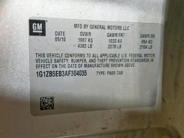 1G1ZB5EB3AF304035 - 2010 CHEVROLET MALIBU LS SILVER photo 10