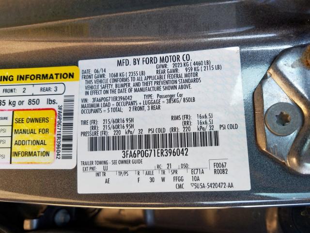 3FA6P0G71ER396042 - 2014 FORD FUSION S  photo 10