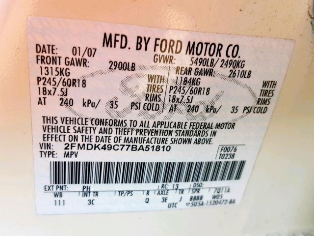 2FMDK49C77BA51810 - 2007 FORD EDGE SEL P CREAM photo 10