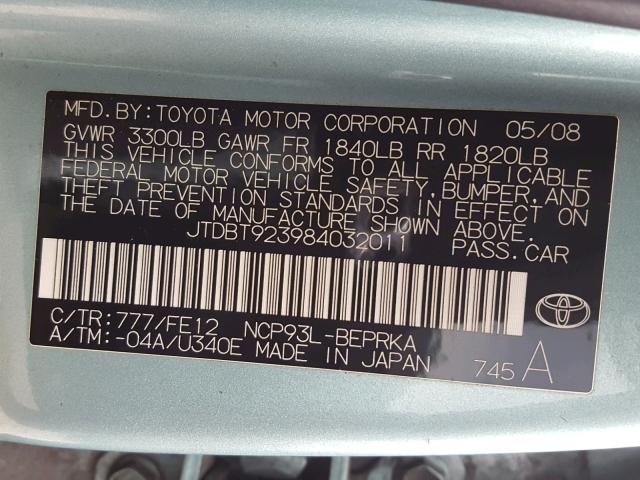 JTDBT923984032011 - 2008 TOYOTA YARIS TURQUOISE photo 10