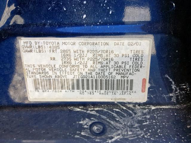 JTEGD21A110005162 - 2001 TOYOTA HIGHLANDER BLUE photo 10