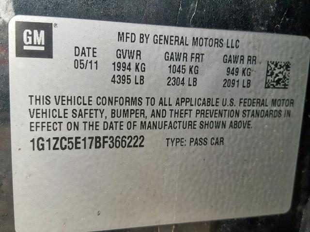 1G1ZC5E17BF366222 - 2011 CHEVROLET MALIBU 1LT 黑色 照片 10