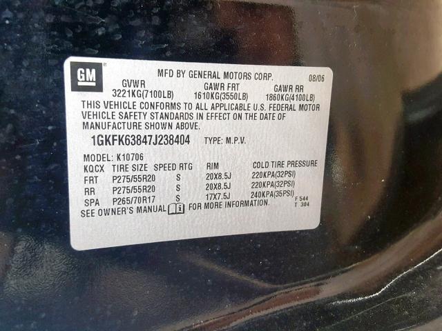 1GKFK63847J238404 - 2007 GMC YUKON DENA BLACK photo 10