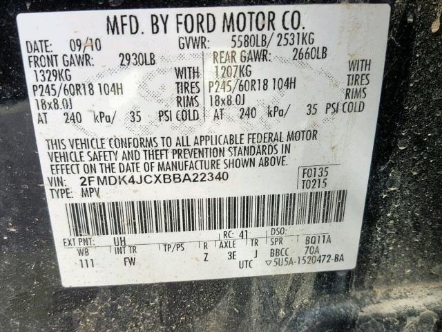 2FMDK4JCXBBA22340 - 2011 FORD EDGE SEL BLACK photo 10