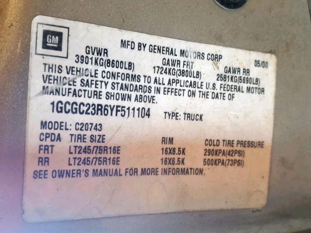 1GCGC23R6YF511104 - 2000 CHEVROLET GMT-400 C2 GOLD photo 10