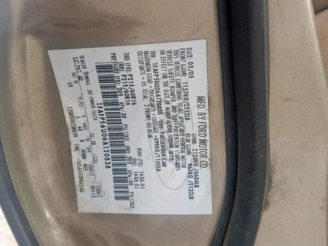 1FAFP56U06A120838 - 2006 FORD TAURUS SEL TAN photo 10