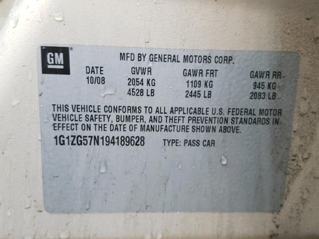 1G1ZG57N194189628 - 2009 CHEVROLET MALIBU LS TAN photo 10