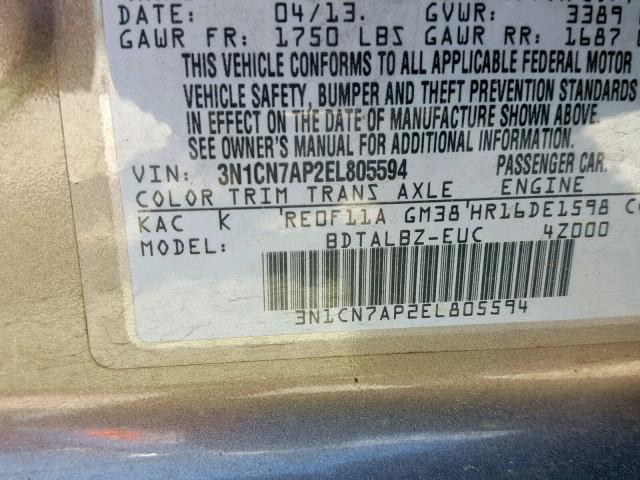 3N1CN7AP2EL805594 - 2014 NISSAN VERSA SV GRAY photo 10