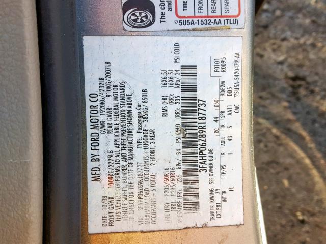 3FAHP06Z89R187737 - 2009 FORD FUSION S SILVER photo 10