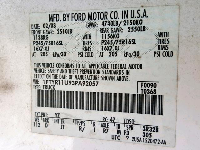 1FTYR11U93PA92057 - 2003 FORD RANGER WHITE photo 10