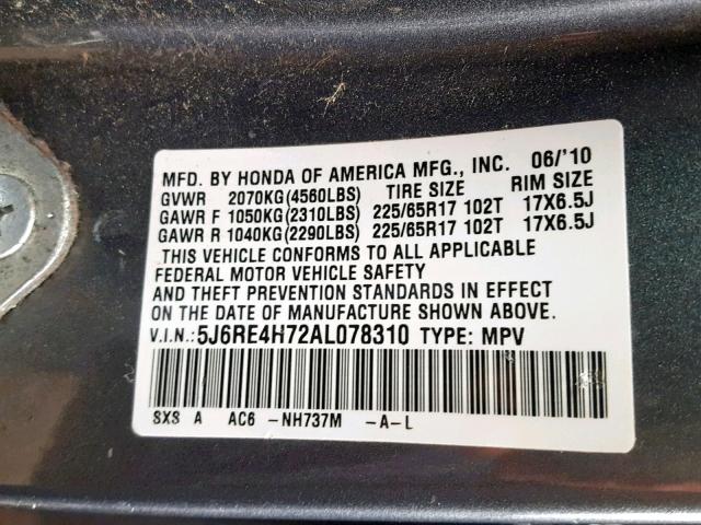 5J6RE4H72AL078310 - 2010 HONDA CR-V EXL GRAY photo 10