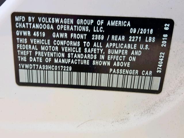 1VWDT7A33HC017229 - 2017 VOLKSWAGEN PASSAT R-L WHITE photo 10