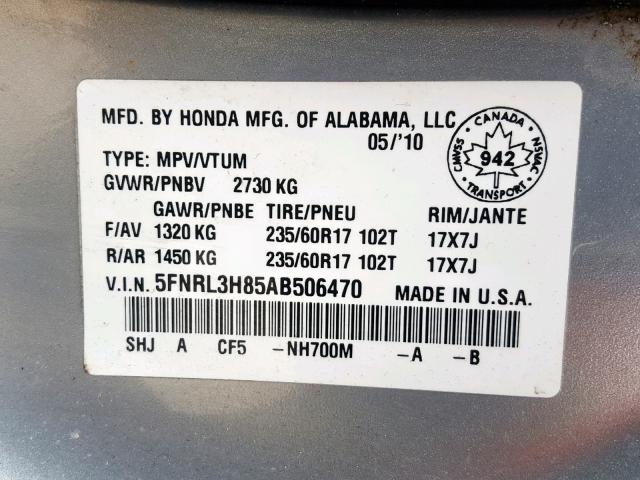 5FNRL3H85AB506470 - 2010 HONDA ODYSSEY TO SILVER photo 10