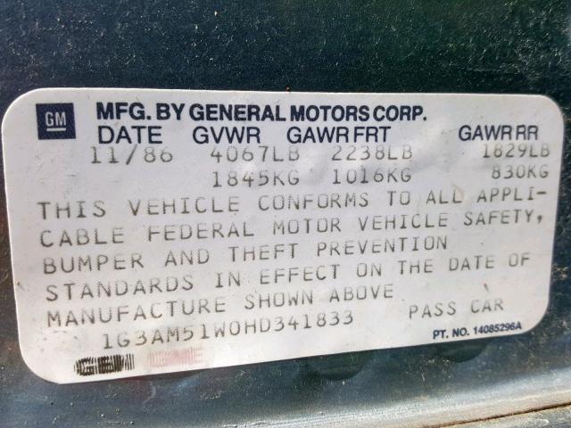 1G3AM51W0HD341833 - 1987 OLDSMOBILE CUTLASS CI BLUE photo 10