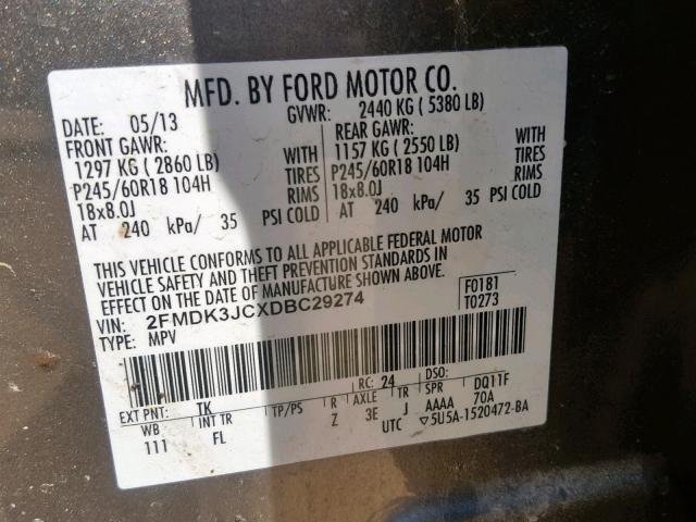 2FMDK3JCXDBC29274 - 2013 FORD EDGE SEL CHARCOAL photo 10