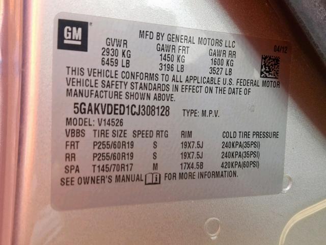 5GAKVDED1CJ308128 - 2012 BUICK ENCLAVE SILVER photo 10