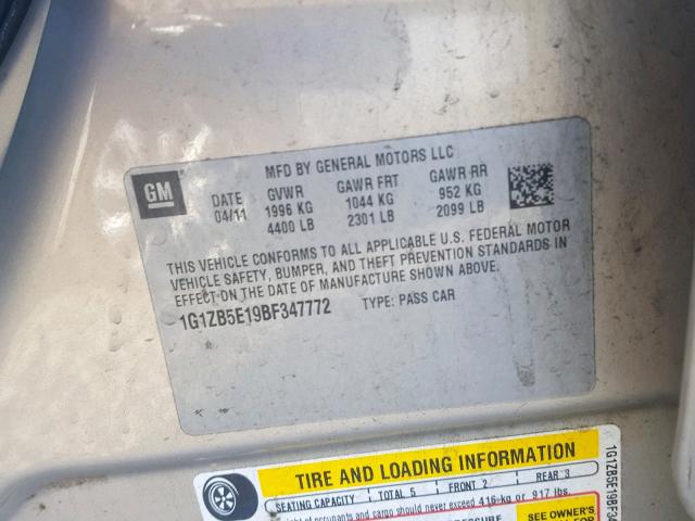 1G1ZB5E19BF347772 - 2011 CHEVROLET MALIBU LS ოქროსფერი ფოტო 10