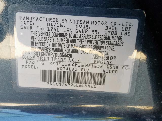 3N1CN7AP7GL864420 - 2016 NISSAN VERSA S BLUE photo 10