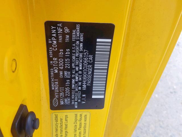 KMHHU6KH1CU066157 - 2012 HYUNDAI GENESIS CO YELLOW photo 10