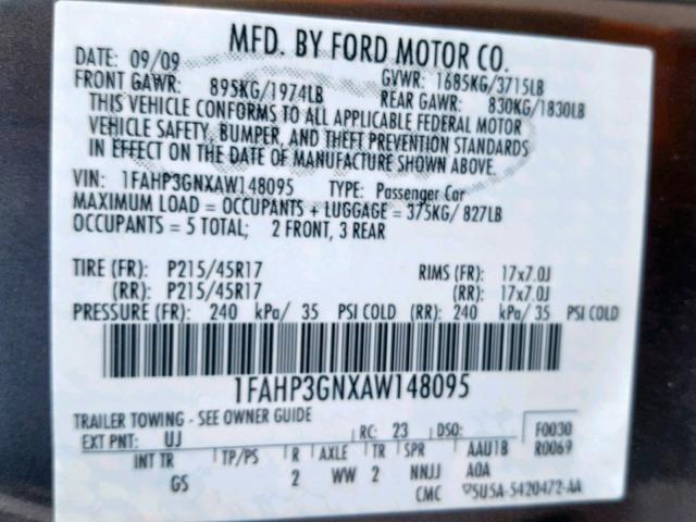 1FAHP3GNXAW148095 - 2010 FORD FOCUS SES GRAY photo 10