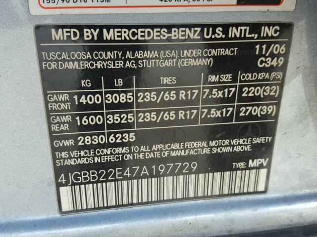 4JGBB22E47A197729 - 2007 MERCEDES-BENZ ML 320 CDI SILVER photo 10