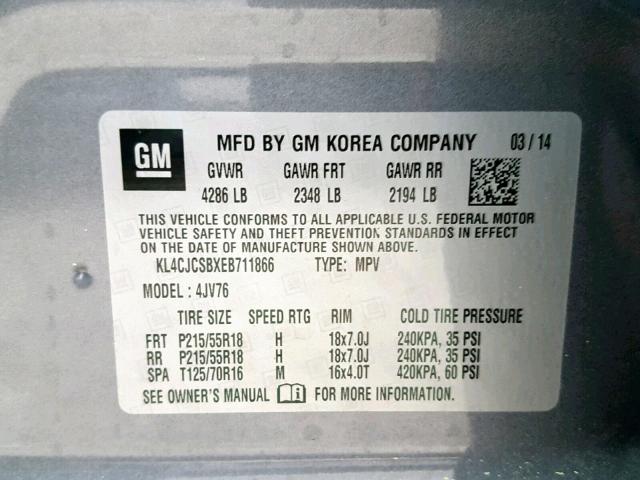 KL4CJCSBXEB711866 - 2014 BUICK ENCORE GRAY photo 10