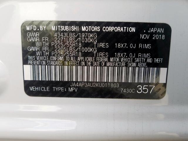 JA4AP3AU2KU011803 - 2019 MITSUBISHI OUTLANDER SPORT ES  photo 10