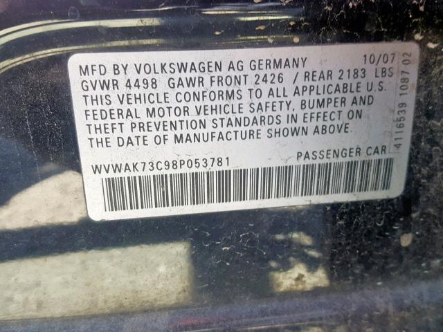 WVWAK73C98P053781 - 2008 VOLKSWAGEN PASSAT KOM BLACK photo 10