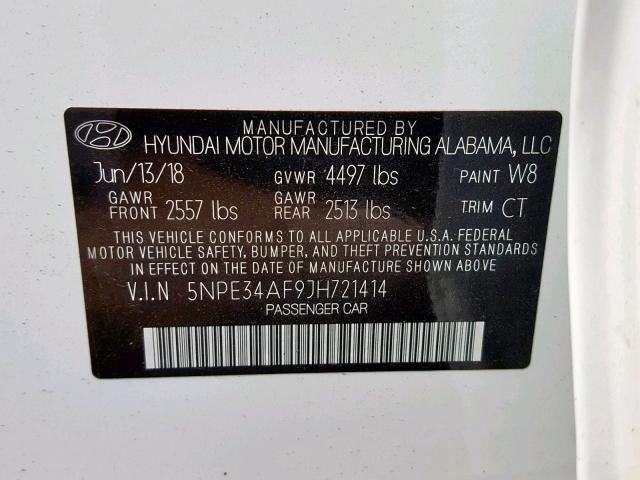 5NPE34AF9JH721414 - 2018 HYUNDAI SONATA SPO WHITE photo 10