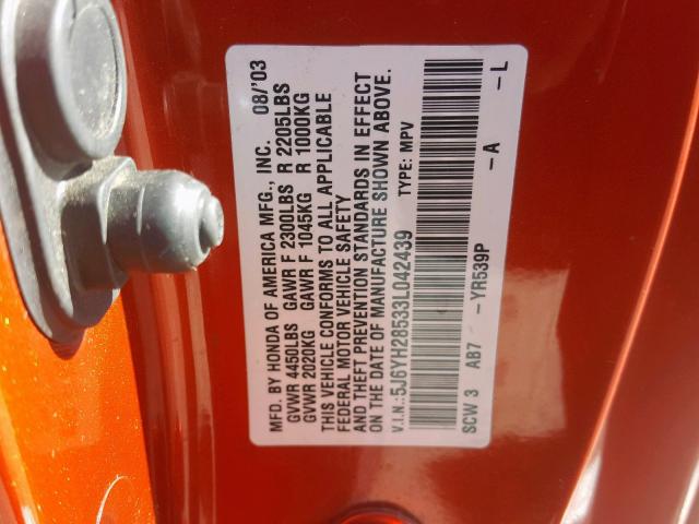 5J6YH28533L042439 - 2003 HONDA ELEMENT EX ORANGE photo 10