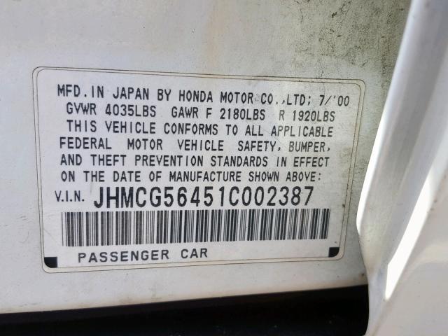 JHMCG56451C002387 - 2001 HONDA ACCORD LX WHITE photo 10