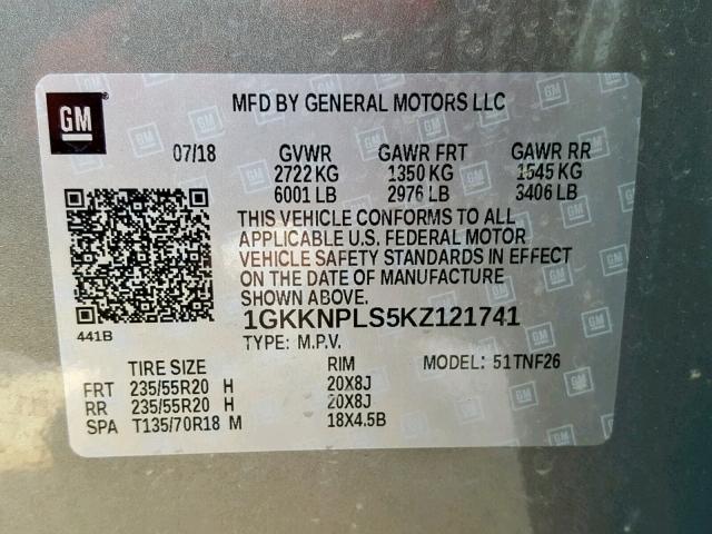 1GKKNPLS5KZ121741 - 2019 GMC ACADIA DEN GRAY photo 10