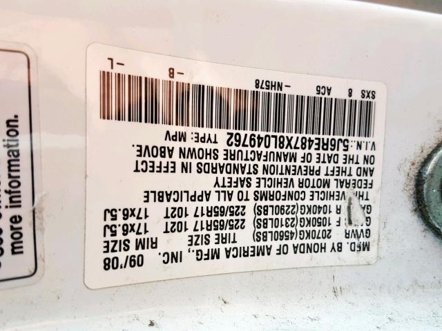 5J6RE487X8L049762 - 2008 HONDA CR-V EXL WHITE photo 10