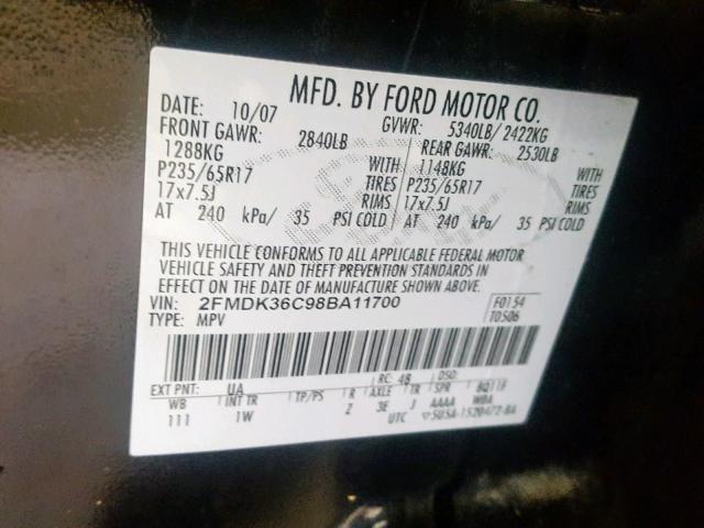 2FMDK36C98BA11700 - 2008 FORD EDGE SE BLACK photo 10