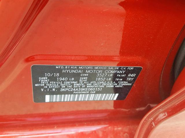 3KPC24A39KE060151 - 2019 HYUNDAI ACCENT SE RED photo 10